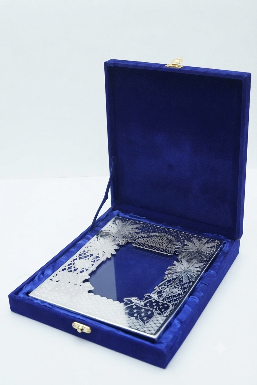 Designer Silver Plated Khajoor (Date Palm) & Pichwai Cows Photo Frame in Velvet Box
