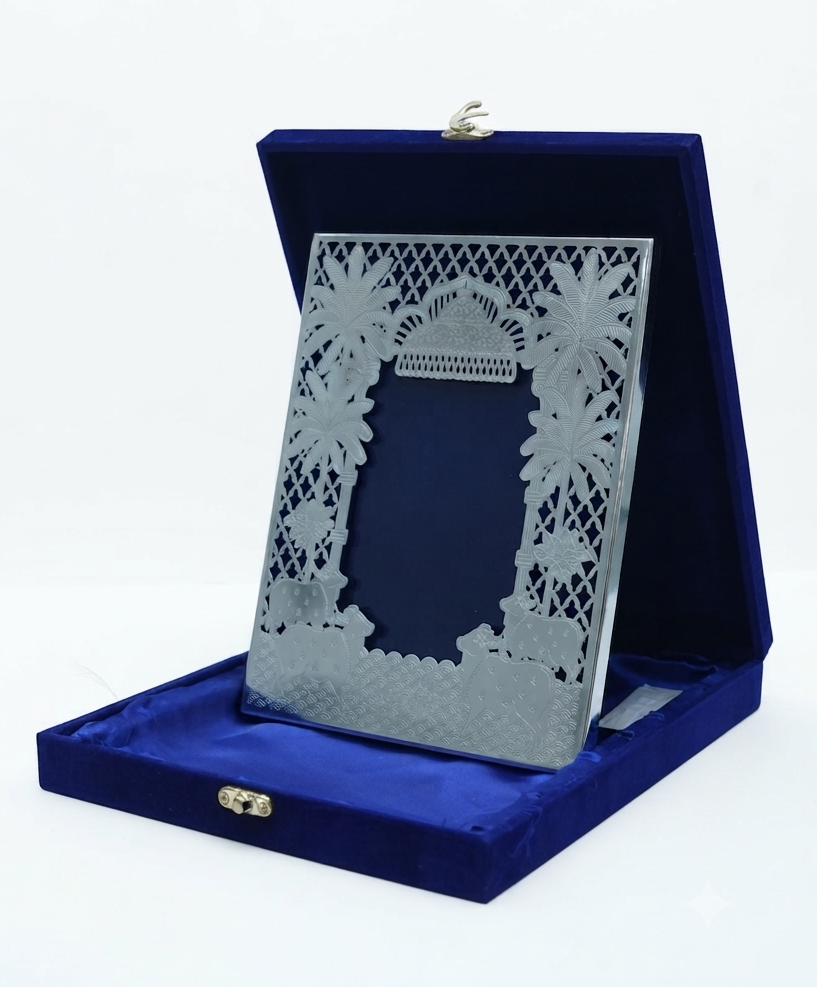 Designer Silver Plated Khajoor (Date Palm) & Pichwai Cows Photo Frame in Velvet Box