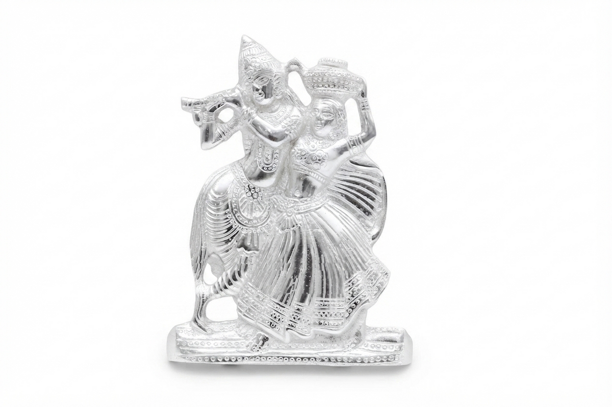 Divine Silver Plated Radha Krishna Idols with Peacock & Matki