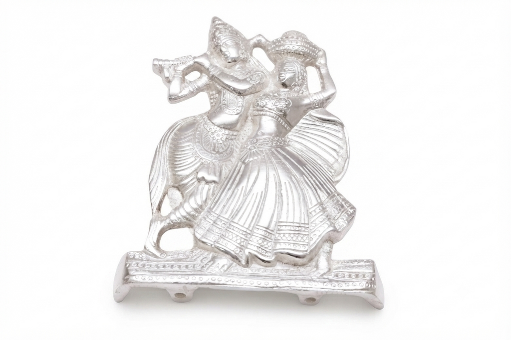 Divine Silver Plated Radha Krishna Idols with Peacock & Matki