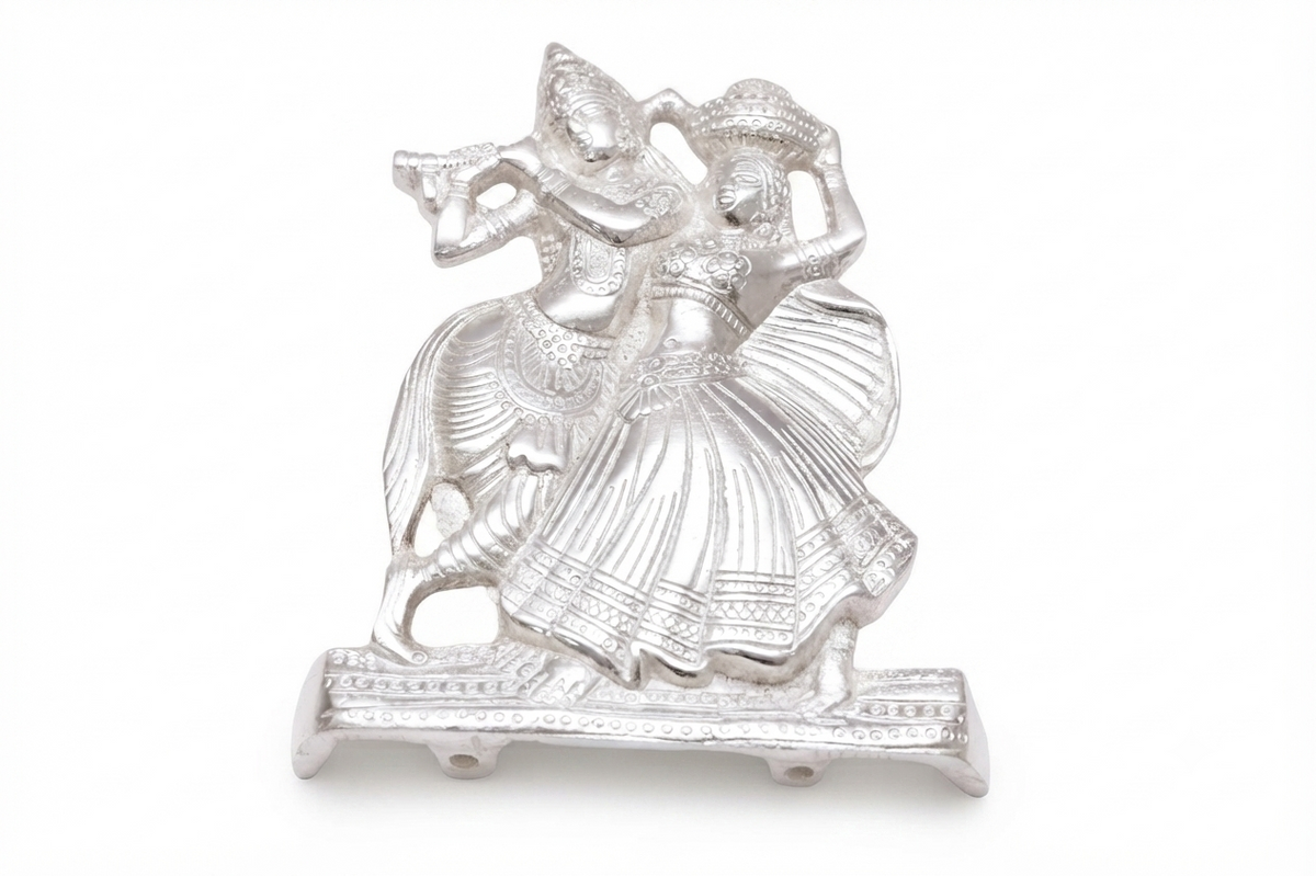 Divine Silver Plated Radha Krishna Idols with Peacock & Matki
