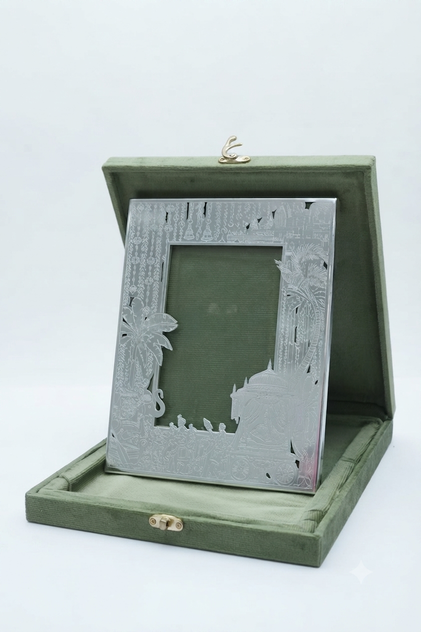 Designer German Silver Procession & Pichwai Etched Photo Frame in Velvet Box