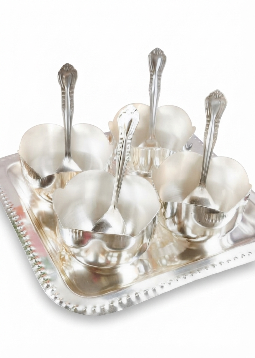Royal Silver Plated Beaded Rectangular Tray with Lotus Katoris & Spoons Set