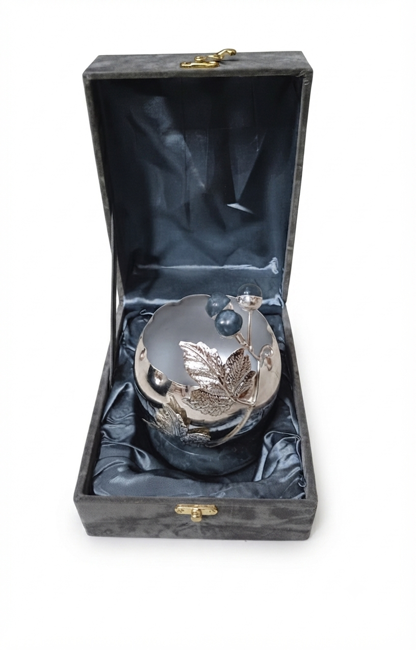 Designer Silver Plated Globe Bowl with Botanical Leaf & Berry Accents in Velvet Box