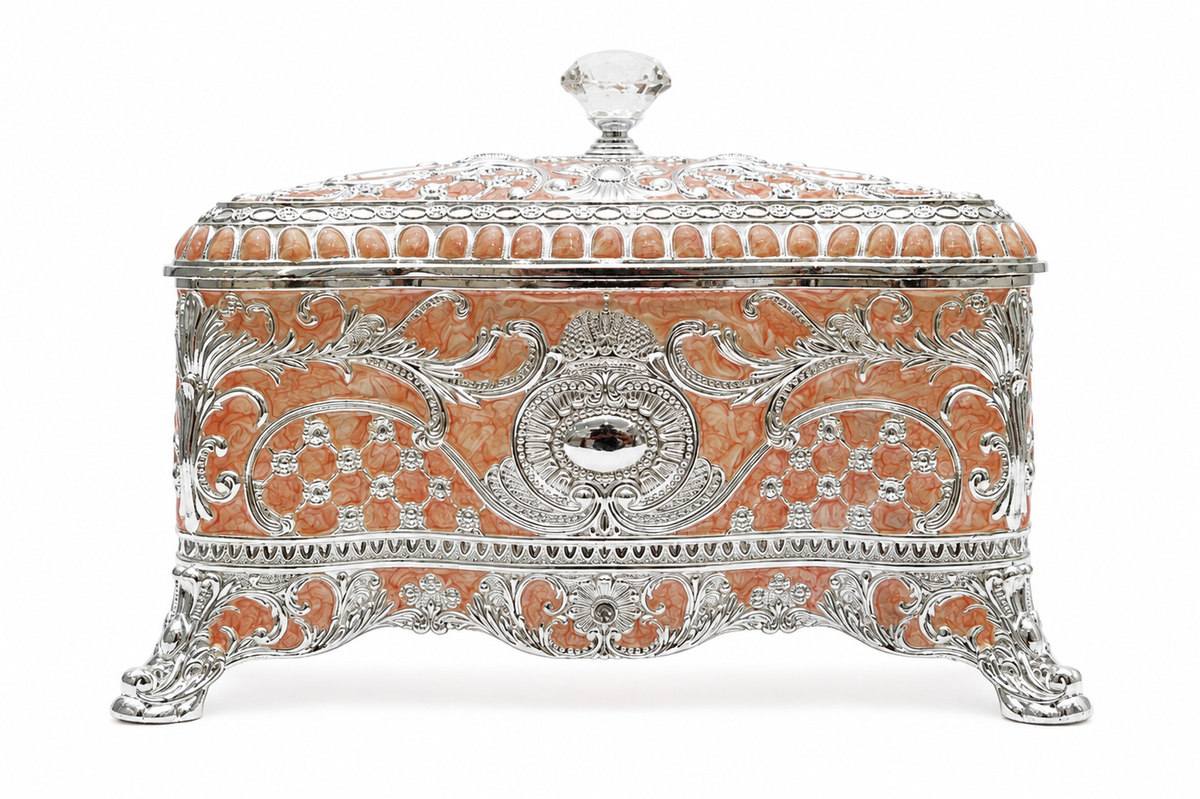 Royal Filigree Silver & Enamel Large Jewelry Box (Red Velvet Interior)