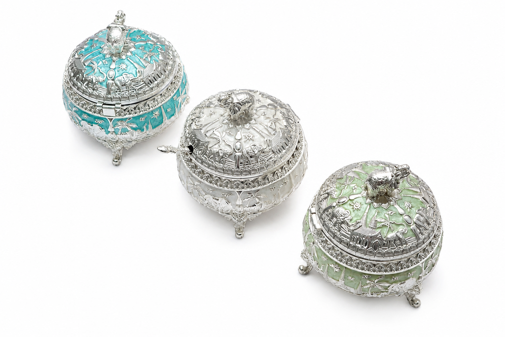 Royal Elephant Safari Meenakari Silver Hinged Candy Jar with Spoon