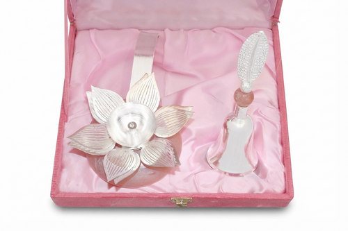 Divine Rose Quartz & Silver Lotus Diya with Pooja Ghanti Set (Velvet Gift Box)